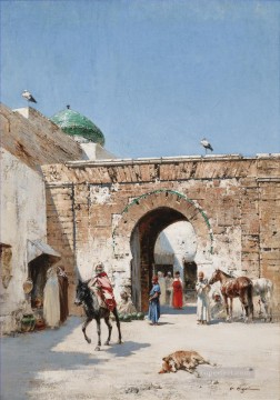 horse cats Painting - HORSEMAN AT THE DOOR OF A NORTH AFRICAN TOWN Victor Huguet Orientalist